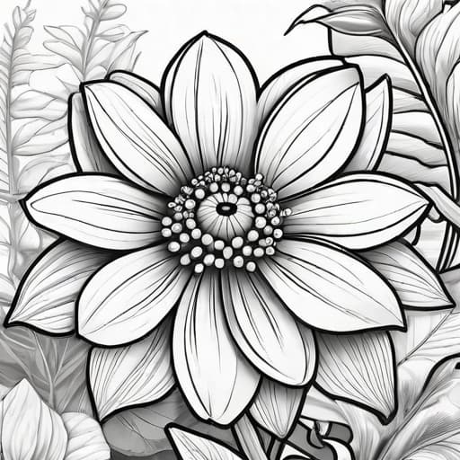  Generate a black and white coloring book illustration of a beautiful flower. Make sure the lines are clear and distinct for easy coloring.,coloring book, line art, high resolution, black and white, colorless,(( no color)) ((only sketch)) hyperrealistic, full body, detailed clothing, highly detailed, cinematic lighting, stunningly beautiful, intricate, sharp focus, f/1. 8, 85mm, (centered image composition), (professionally color graded), ((bright soft diffused light)), volumetric fog, trending on instagram, trending on tumblr, HDR 4K, 8K