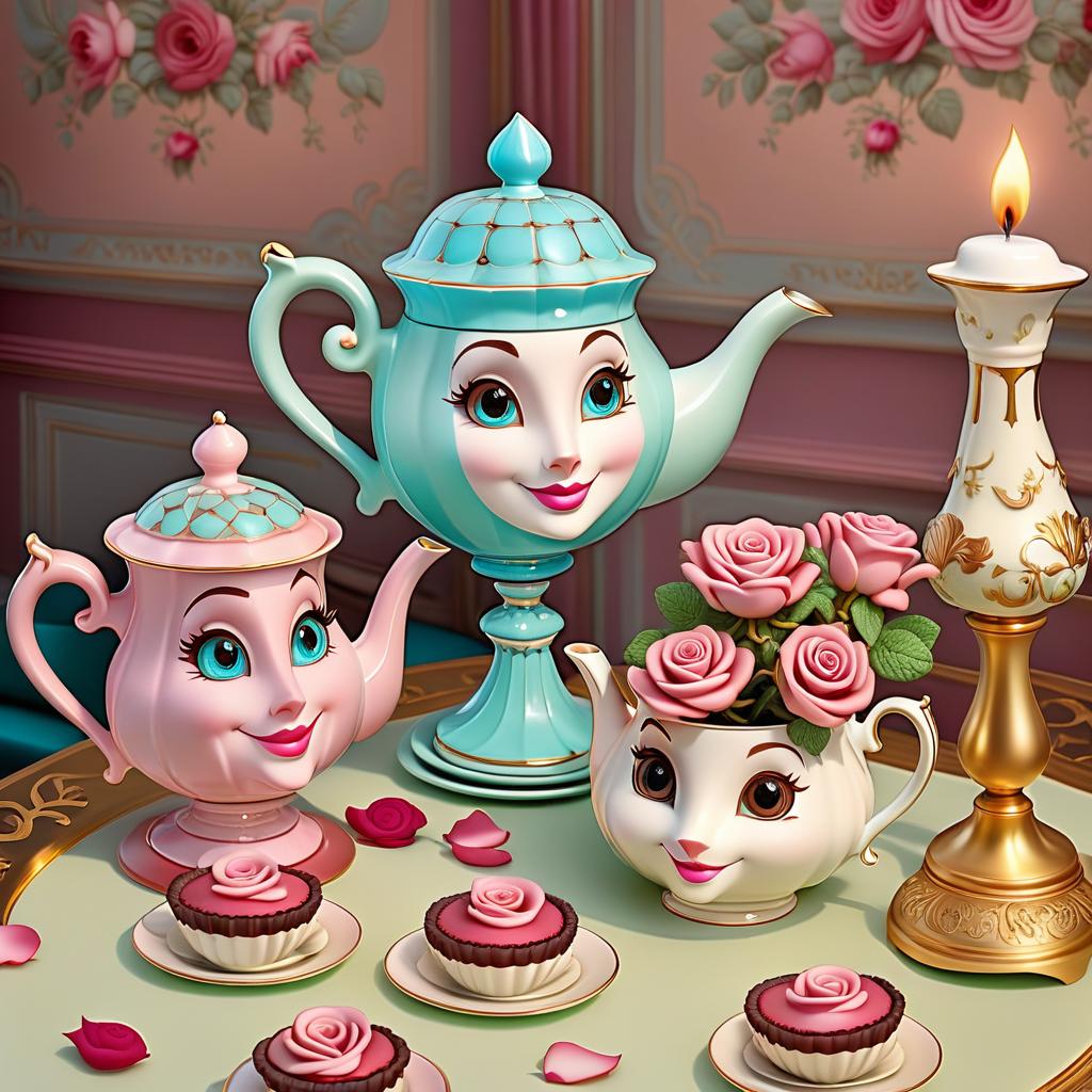  fairy tale (Background:interior). (Wallpaper):dark chocolate colour with beige monogram patterns. An antique dining table covered with a white tablecloth. On the table a gilded candlestick with a burning candle, two teapots and one cup with tea roses, plates with sponge cakes with raspberry cream. Rose petals are scattered around the set. (Tea set design): the first teapot on a high openwork leg of mint and turquoise colour, with a kind smile and blue eyes, with a blue blue wide checkerboard lid. The second teapot is pink in colour, with mother of pearl, blue eyes, with a blue pink checkered lid. (Rose cup): cream coloured with big brown eyes and a wide smile. Inside it is a bouquet of scarlet coloured tea roses. Style:anthropomorphic, fant hyperrealistic, full body, detailed clothing, highly detailed, cinematic lighting, stunningly beautiful, intricate, sharp focus, f/1. 8, 85mm, (centered image composition), (professionally color graded), ((bright soft diffused light)), volumetric fog, trending on instagram, trending on tumblr, HDR 4K, 8K