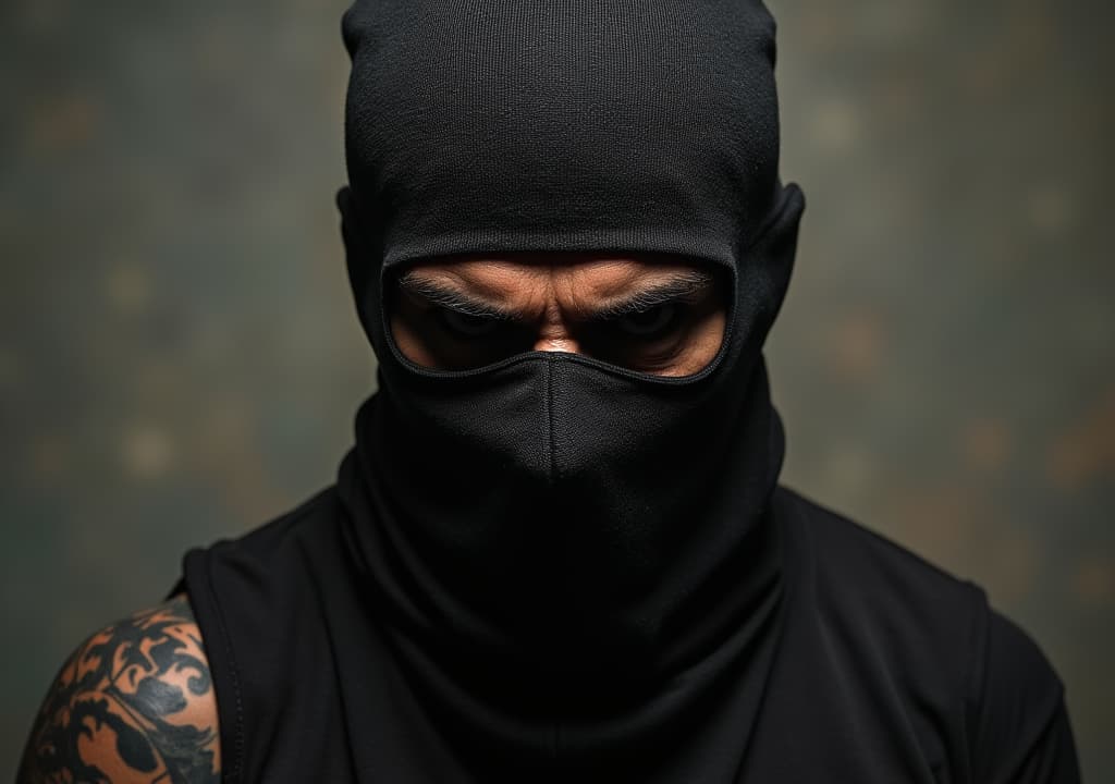  good quality, high quality, a demon gangster with a balaclava and with tattoes, with plain hellish background