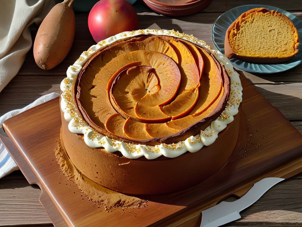  A minimalistic image of a freshly baked sweet potato cake on a rustic wooden table, adorned with a sprinkle of cinnamon and a few slices of baked sweet potato on the side. The cake is perfectly moist, with a goldenbrown crust, emitting a warm, inviting aroma. The soft natural light gently illuminates the scene, highlighting the texture of the cake and creating a cozy, autumnal atmosphere. hyperrealistic, full body, detailed clothing, highly detailed, cinematic lighting, stunningly beautiful, intricate, sharp focus, f/1. 8, 85mm, (centered image composition), (professionally color graded), ((bright soft diffused light)), volumetric fog, trending on instagram, trending on tumblr, HDR 4K, 8K