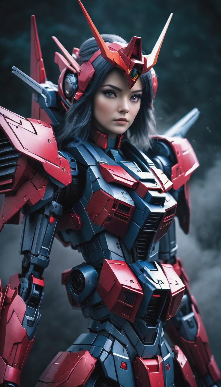  gothic style depiction of gundam girl . dark, mysterious, haunting, dramatic, ornate, detailed, hyperrealistic, full body, detailed clothing, highly detailed, cinematic lighting, stunningly beautiful, intricate, sharp focus, f/1. 8, 85mm, (centered image composition), (professionally color graded), ((bright soft diffused light)), volumetric fog, trending on instagram, trending on tumblr, HDR 4K, 8K