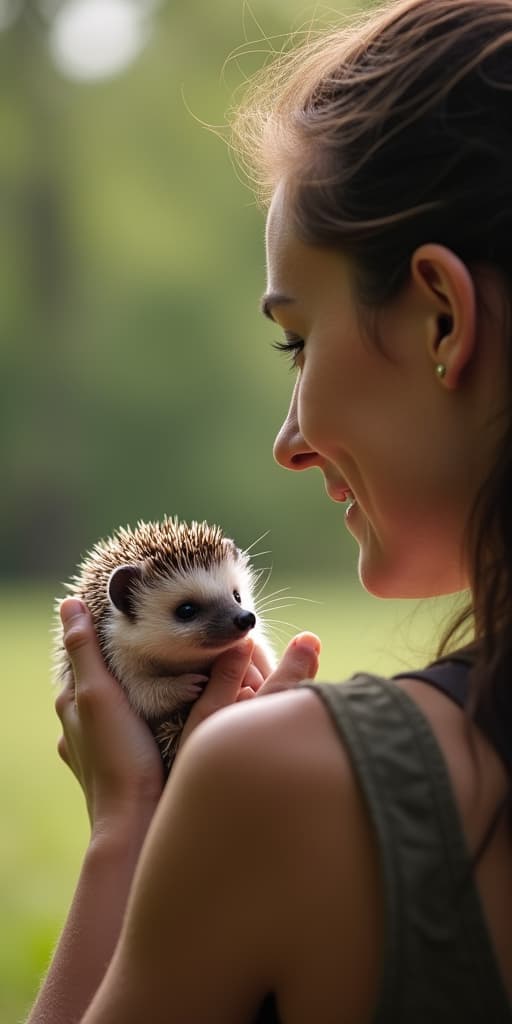  good quality, high quality, the photograph captures a side profile of a person holding a small hedgehog, presenting a moment of quiet contemplation and the nurturing bond between human and animal in an outdoor setting.