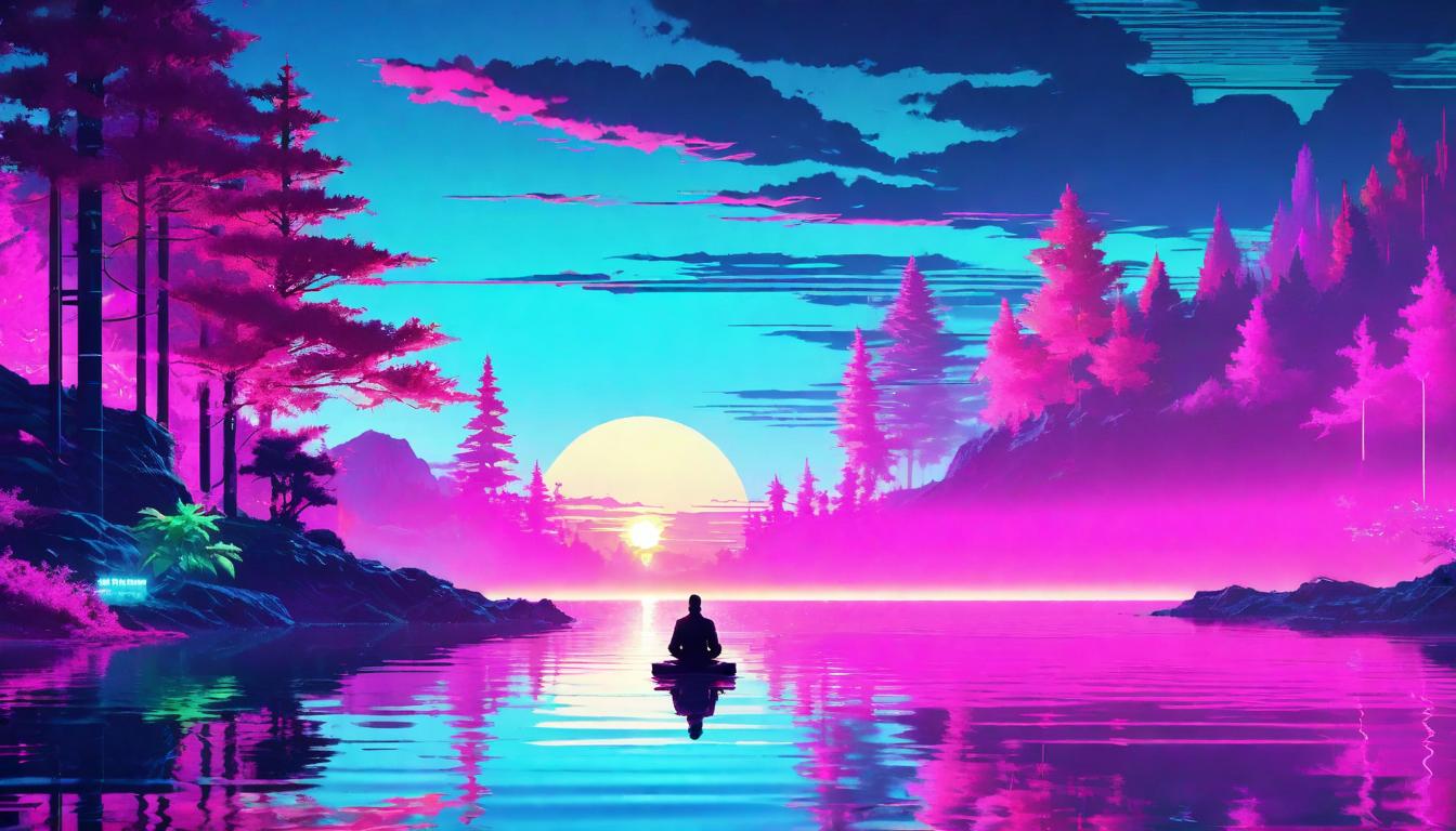  vaporwave,cyberpunk game style A serene lake reflecting the silhouette of a person in deep meditation, depicting influence by subtle energies. Reflective calm, silent understanding, energy flow.eon, dystopian, futuristic, digital, vibrant, detailed, high contrast, reminiscent of cyberpunk genre video games,retro aesthetic, cyberpunk, vibrant, neon colors, vintage 80s and 90s style, highly detailed