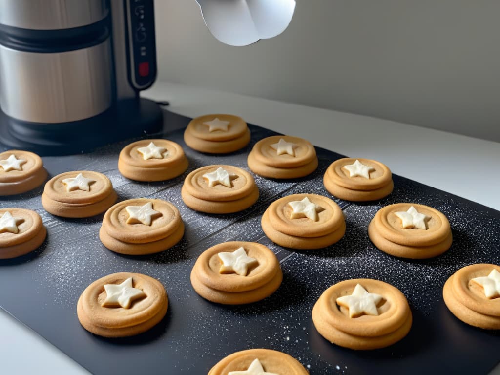  A closeup, ultradetailed image of a perfectly pressed cookie dough emerging from a sleek, modern cookie press, showcasing intricate and uniform designs that glisten under the light. The dough is a rich, golden color with delicate patterns of stars and swirls, each line crisp and precise. The cookie press itself is elegantly designed with a matte black finish, highlighting the precision of its mechanism. The background is a soft, blurred gradient that subtly enhances the focus on the cookie design and the sophistication of the tool. hyperrealistic, full body, detailed clothing, highly detailed, cinematic lighting, stunningly beautiful, intricate, sharp focus, f/1. 8, 85mm, (centered image composition), (professionally color graded), ((bright soft diffused light)), volumetric fog, trending on instagram, trending on tumblr, HDR 4K, 8K