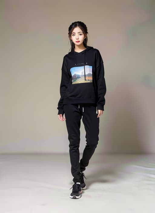  a woman wear a black sweatshirt,ADVERTISING PHOTO,high quality,masterpiece