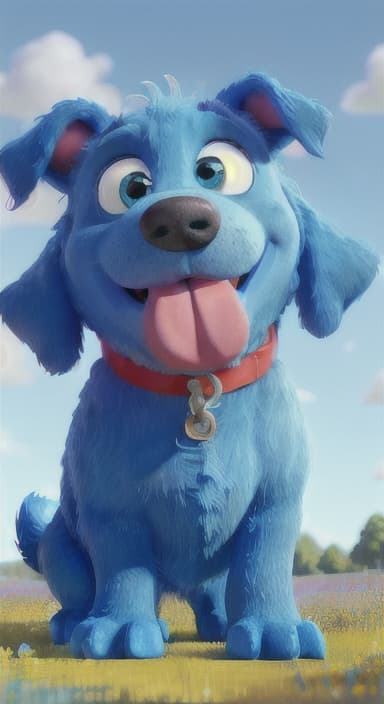  {A happy, big blue dog wagging its tail in a colorful meadow, The big blue dog is large with sky blue fur, big round eyes, a black nose, and floppy ears.