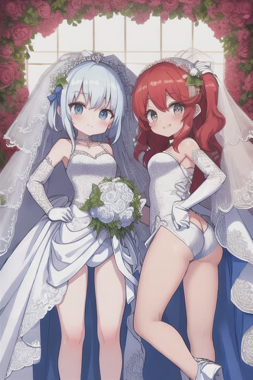  (Masterpiece, highest quality), 2-girls, (((red short-haired bride & bride of long-haired long hair))) 1.5, (((BEND YOUR HIPS AND STICK YOUR BUTTOCKS TOGETHER))) 1.5) , ((Wedding, wedding dress between brides, wedding dress)), smile