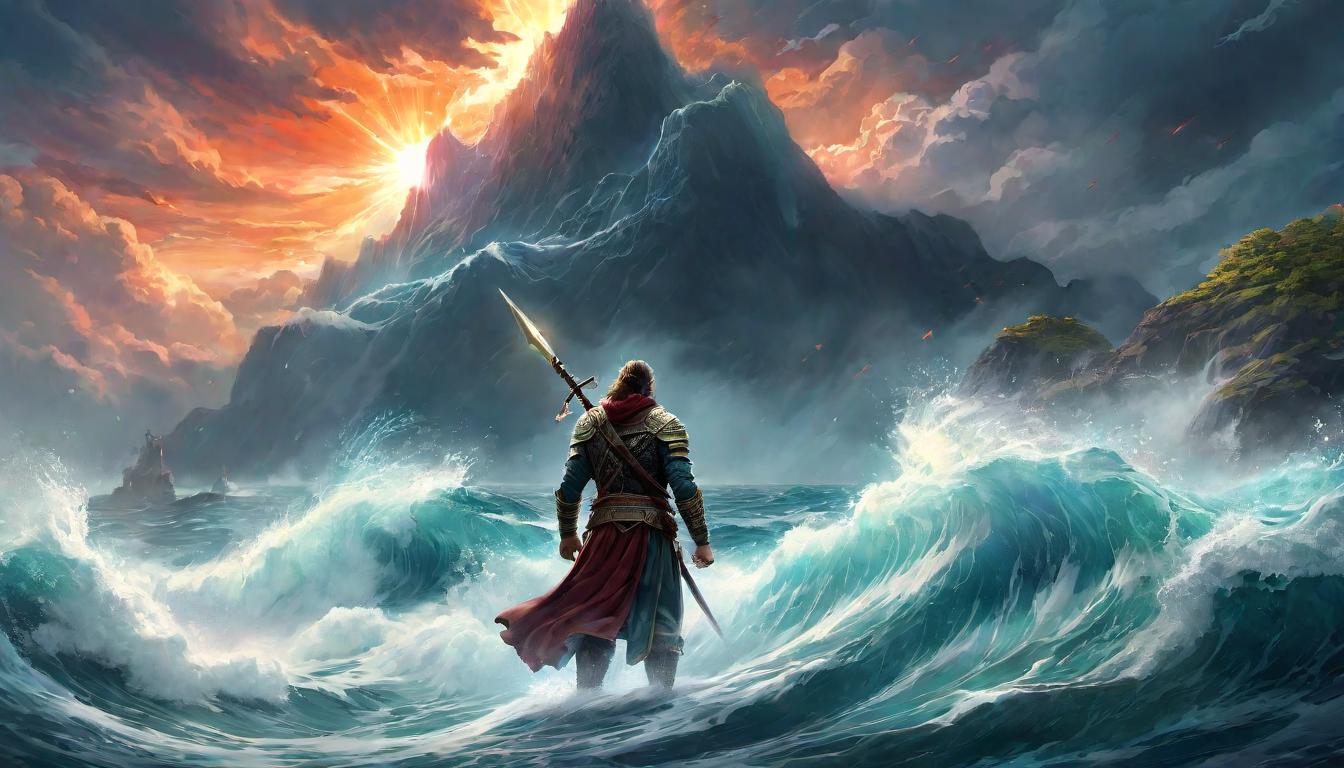  digital illustration, Strong figure rising above a turbulent sea, luminous aura, determined expression, guiding beacon for others, strength, wisdom, overcoming confusion, looking at viewer, dynamic pose, (intricate details, masterpiece, best quality)