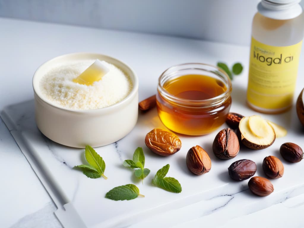  A highresolution, minimalist image showcasing an assortment of natural sweeteners like honey, maple syrup, stevia leaves, coconut sugar, and dates neatly arranged on a sleek, white marble countertop. The soft, natural lighting highlights the textures and colors of each sweetener, creating a visually appealing and informative composition that complements the professional and inspiring tone of the article. hyperrealistic, full body, detailed clothing, highly detailed, cinematic lighting, stunningly beautiful, intricate, sharp focus, f/1. 8, 85mm, (centered image composition), (professionally color graded), ((bright soft diffused light)), volumetric fog, trending on instagram, trending on tumblr, HDR 4K, 8K