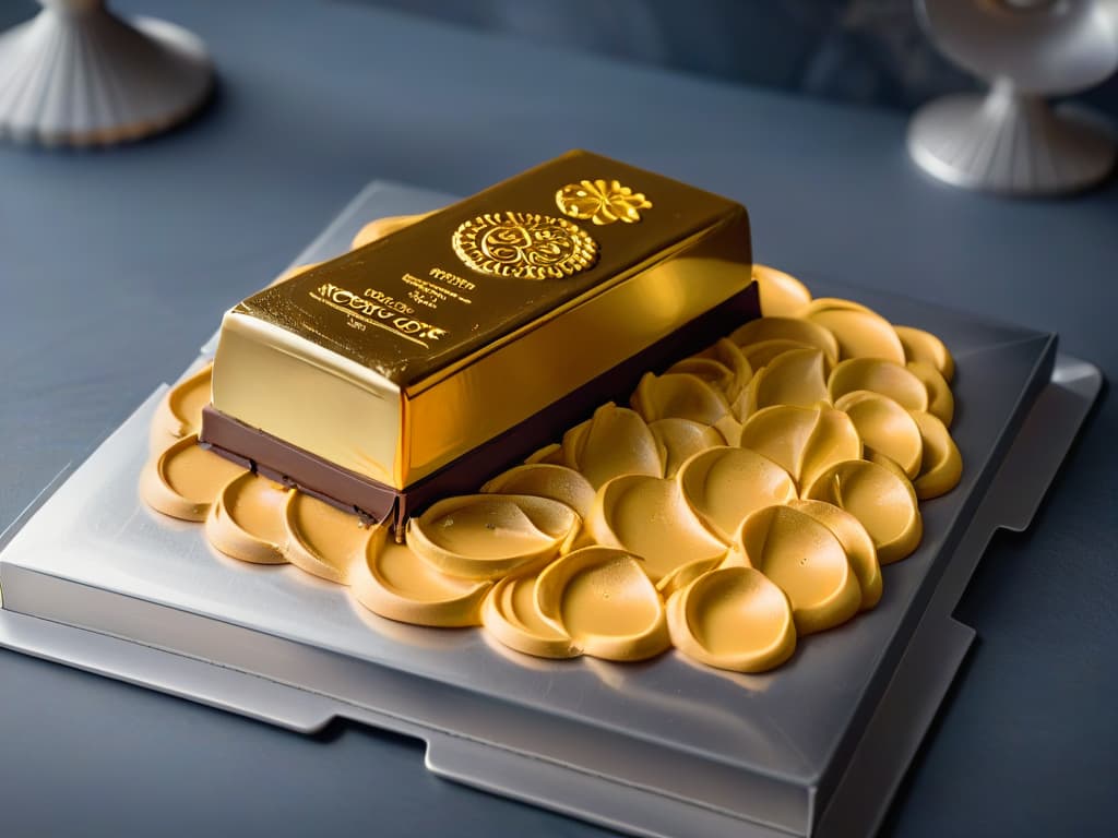  An ultradetailed closeup image of a luxurious golden chocolate bar, with intricate swirls and patterns on its surface, resting on a sleek modern silver platter under soft, focused lighting that highlights its glossy texture and rich color. hyperrealistic, full body, detailed clothing, highly detailed, cinematic lighting, stunningly beautiful, intricate, sharp focus, f/1. 8, 85mm, (centered image composition), (professionally color graded), ((bright soft diffused light)), volumetric fog, trending on instagram, trending on tumblr, HDR 4K, 8K