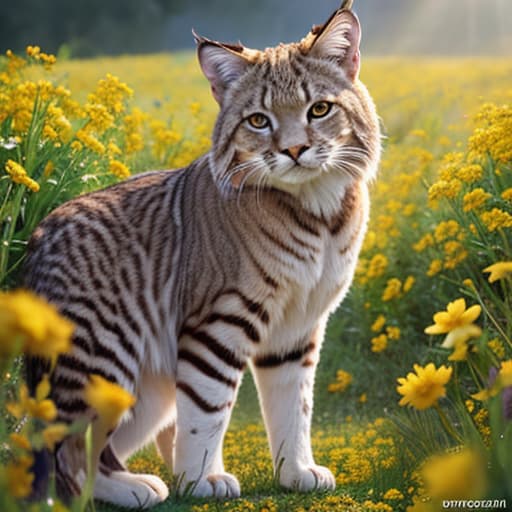  (best quality:0.8), (best quality:0.8), close up of a male bobcat with a microphone in a field of yellow flowers hyperrealistic, full body, detailed clothing, highly detailed, cinematic lighting, stunningly beautiful, intricate, sharp focus, f/1. 8, 85mm, (centered image composition), (professionally color graded), ((bright soft diffused light)), volumetric fog, trending on instagram, trending on tumblr, HDR 4K, 8K