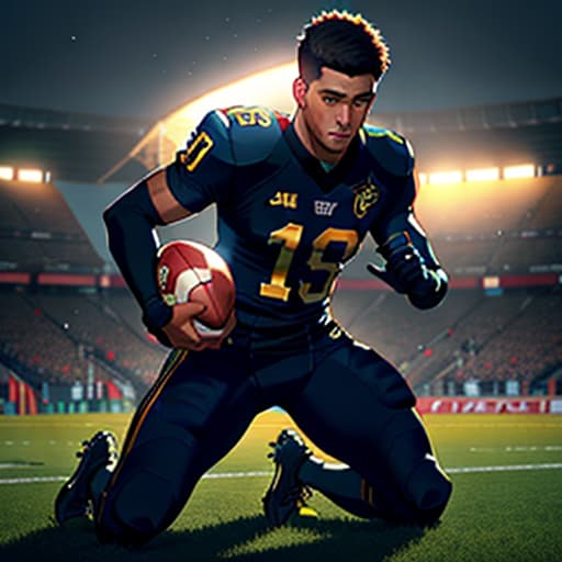  Football hyperrealistic, full body, detailed clothing, highly detailed, cinematic lighting, stunningly beautiful, intricate, sharp focus, f/1. 8, 85mm, (centered image composition), (professionally color graded), ((bright soft diffused light)), volumetric fog, trending on instagram, trending on tumblr, HDR 4K, 8K