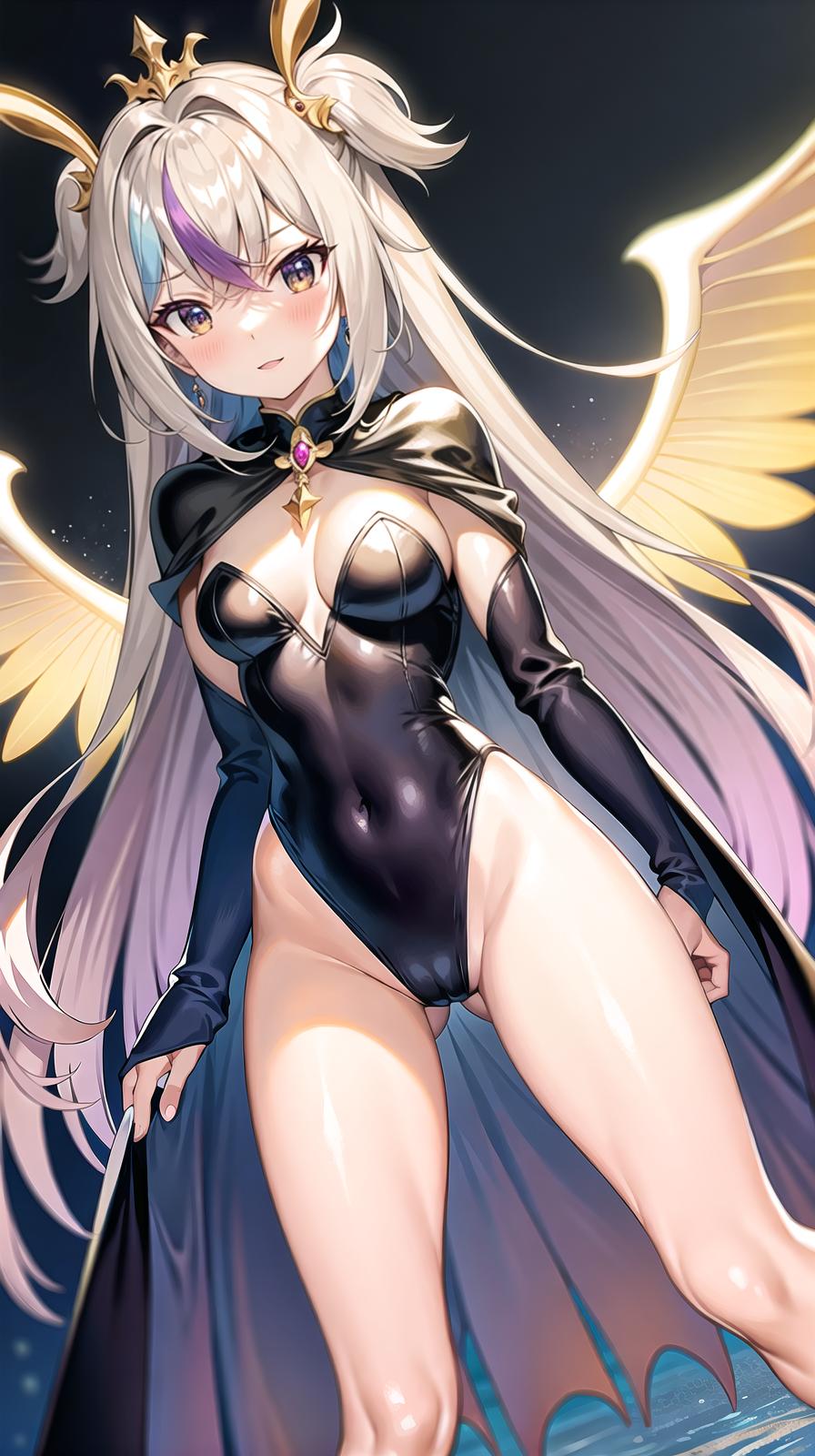  master piece , best quality,leotard lower body dress windswept double cloak tiara jewelry light wings iridescent long two side up hair big s human magic wand magical transformation full body