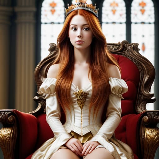  Portrait of a beautiful auburn - haired woman with a guilded crown sitting on a throne with heightened detail