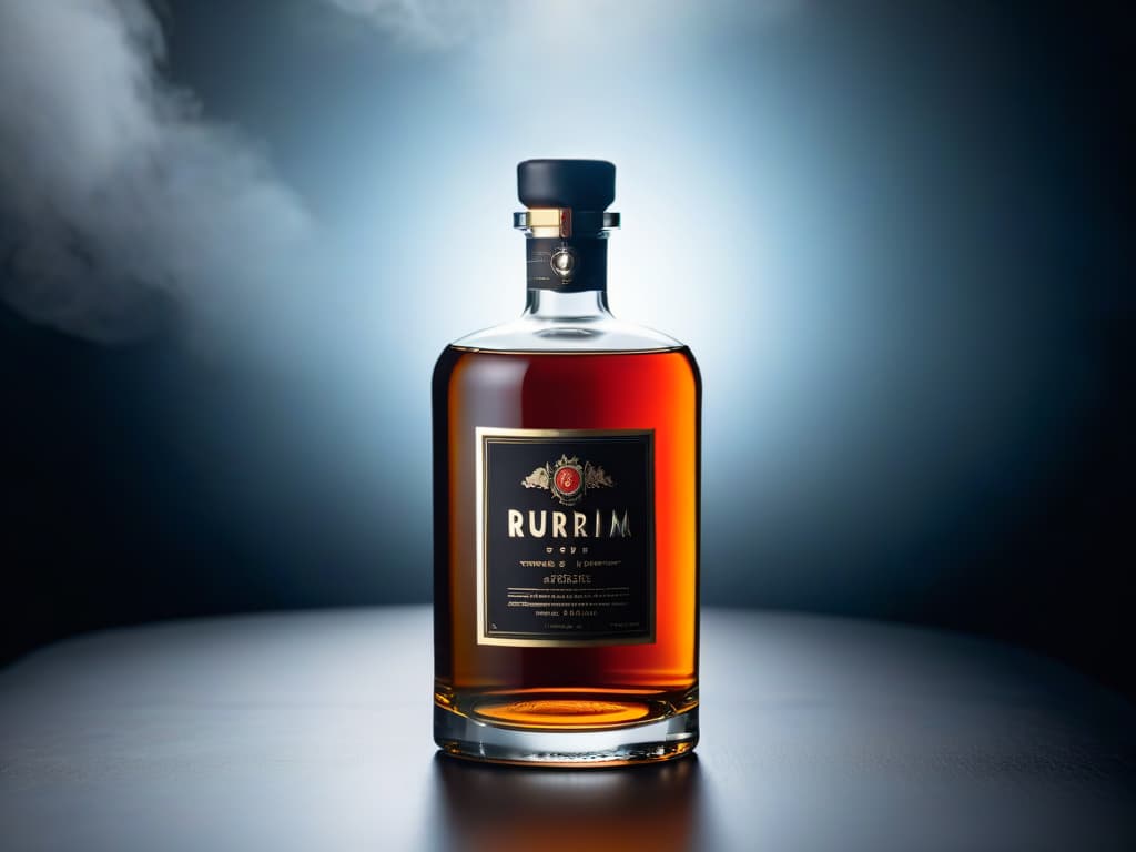  A highresolution, minimalist image of a sleek, elegant bottle of premium rum set against a dark, moody background. The focus is on the intricate details of the bottle design, capturing the luxurious essence of the liquor. The lighting creates a dramatic effect, emphasizing the richness and depth of the rum, evoking a sense of sophistication and indulgence. hyperrealistic, full body, detailed clothing, highly detailed, cinematic lighting, stunningly beautiful, intricate, sharp focus, f/1. 8, 85mm, (centered image composition), (professionally color graded), ((bright soft diffused light)), volumetric fog, trending on instagram, trending on tumblr, HDR 4K, 8K