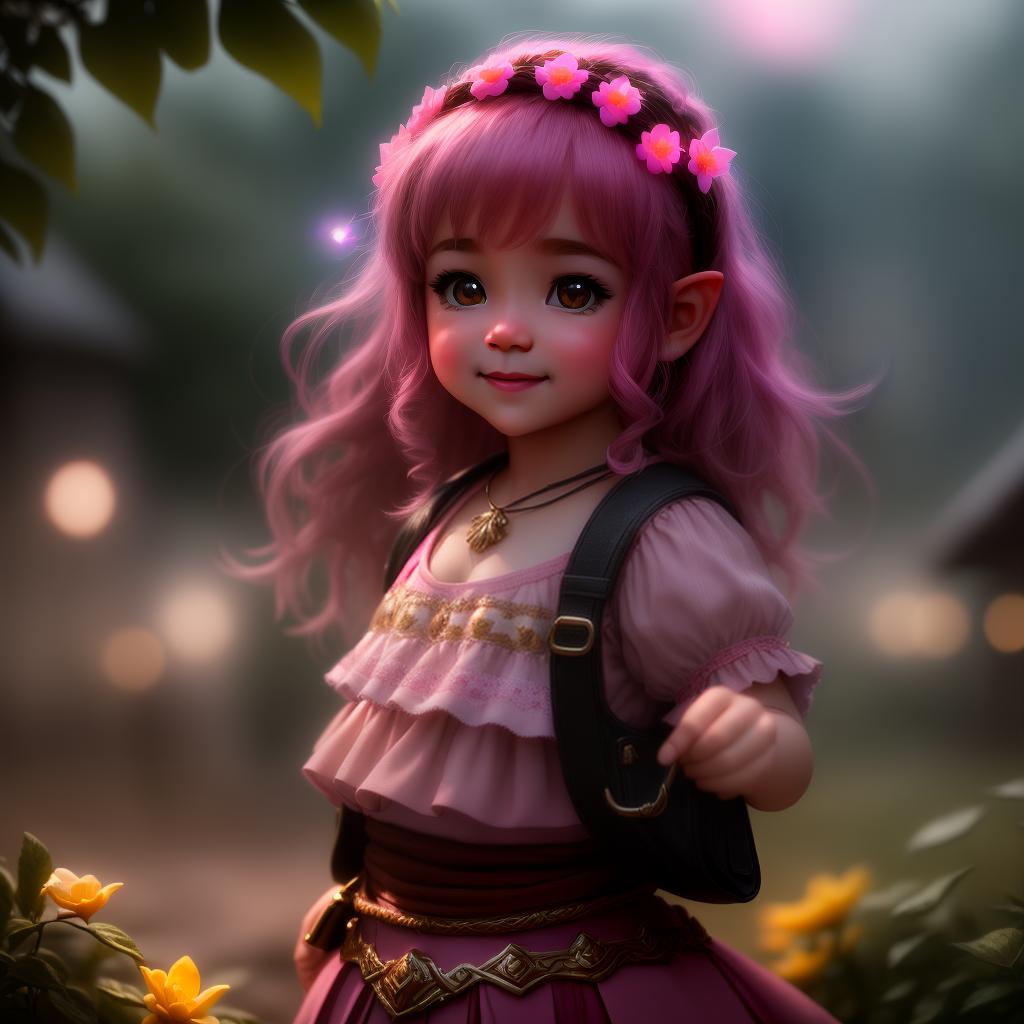  A beautiful halfling female, dancing in the moonlight, joyful cutest likes pink colors , hyperrealistic, high quality, highly detailed, perfect lighting, intricate, sharp focus, f/1. 8, 85mm, (centered image composition), (professionally color graded), ((bright soft diffused light)), trending on instagram, HDR 4K, 8K