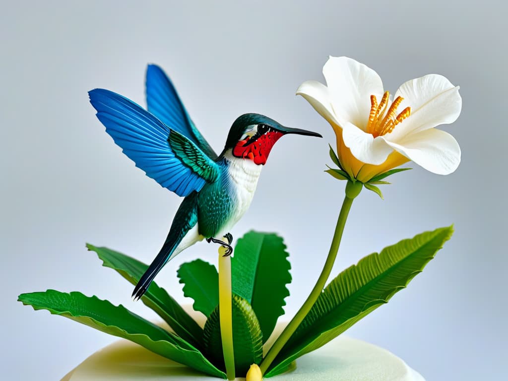  An ultradetailed, highresolution image of a delicate sugar sculpture of a hummingbird perched on a blooming flower, crafted entirely from ecofriendly sugar materials. The sculpture showcases intricate details like the bird's feathers and the flower's petals, embodying the essence of sustainability and artistry in sugar sculpting. The color palette is soft and natural, emphasizing the ecofriendly aspect of the artwork. hyperrealistic, full body, detailed clothing, highly detailed, cinematic lighting, stunningly beautiful, intricate, sharp focus, f/1. 8, 85mm, (centered image composition), (professionally color graded), ((bright soft diffused light)), volumetric fog, trending on instagram, trending on tumblr, HDR 4K, 8K