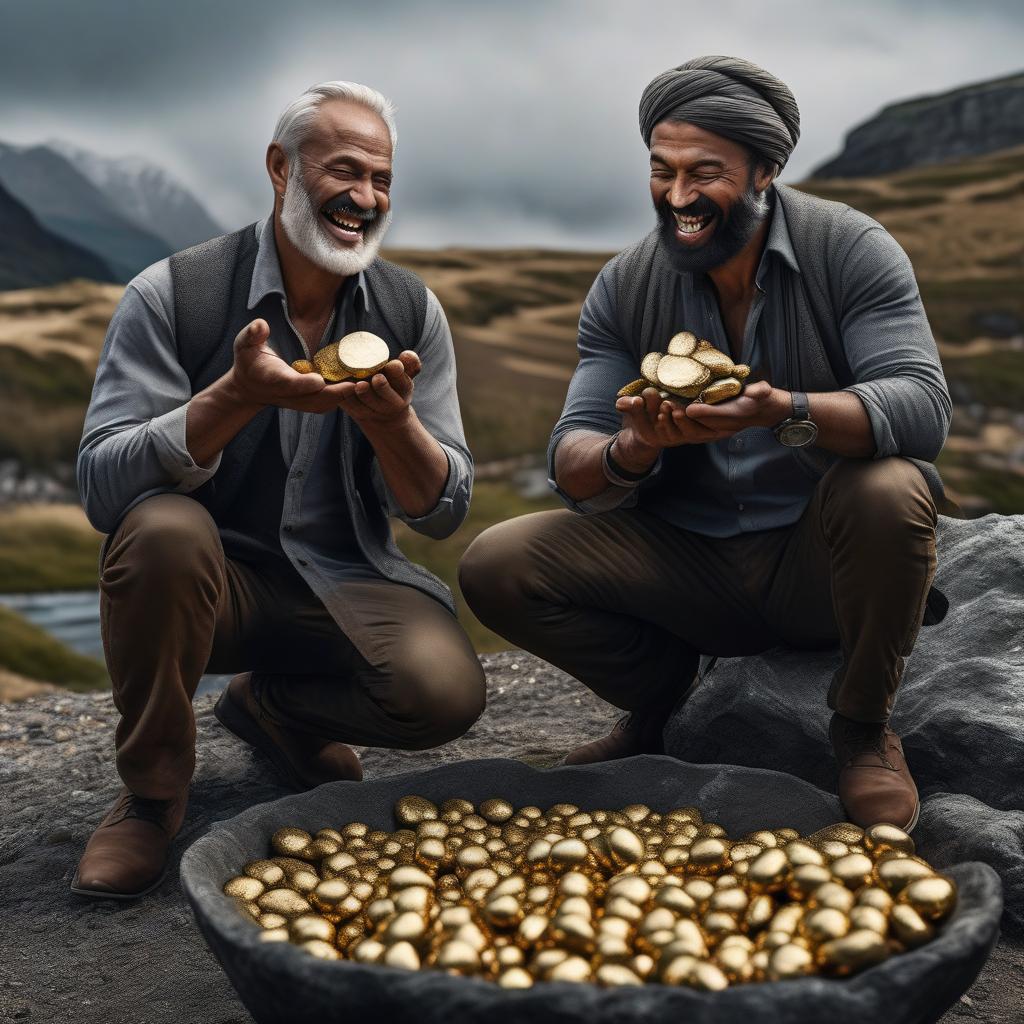  hyperrealistic art There are 2 people in the picture. 1 person holds grey stones in his hands and laughs. The second man holds a piece of gold in his hands and cries . extremely high resolution details, photographic, realism pushed to extreme, fine texture, incredibly lifelike hyperrealistic, full body, detailed clothing, highly detailed, cinematic lighting, stunningly beautiful, intricate, sharp focus, f/1. 8, 85mm, (centered image composition), (professionally color graded), ((bright soft diffused light)), volumetric fog, trending on instagram, trending on tumblr, HDR 4K, 8K