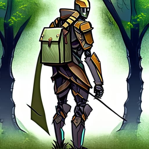 estilovintedois nature background warforged his body fully is a tree body robot behind him it's a large satchel bag he holding a long bow in his hand in large satchel bag is arrow he wereing ranger clothes