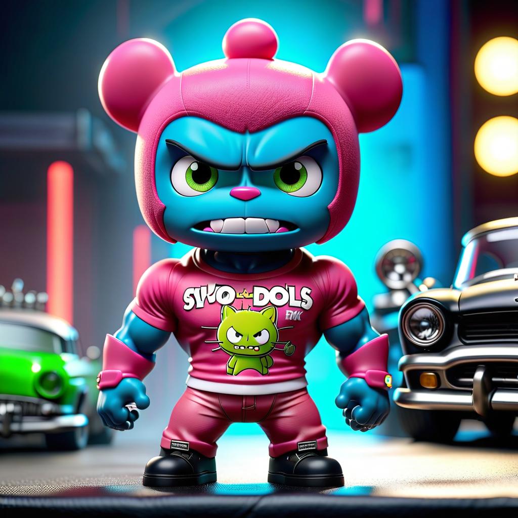  Muscular Mini from "Uglydolls" with an "SVO" shirt and grease spot on the shirt. hyperrealistic, full body, detailed clothing, highly detailed, cinematic lighting, stunningly beautiful, intricate, sharp focus, f/1. 8, 85mm, (centered image composition), (professionally color graded), ((bright soft diffused light)), volumetric fog, trending on instagram, trending on tumblr, HDR 4K, 8K