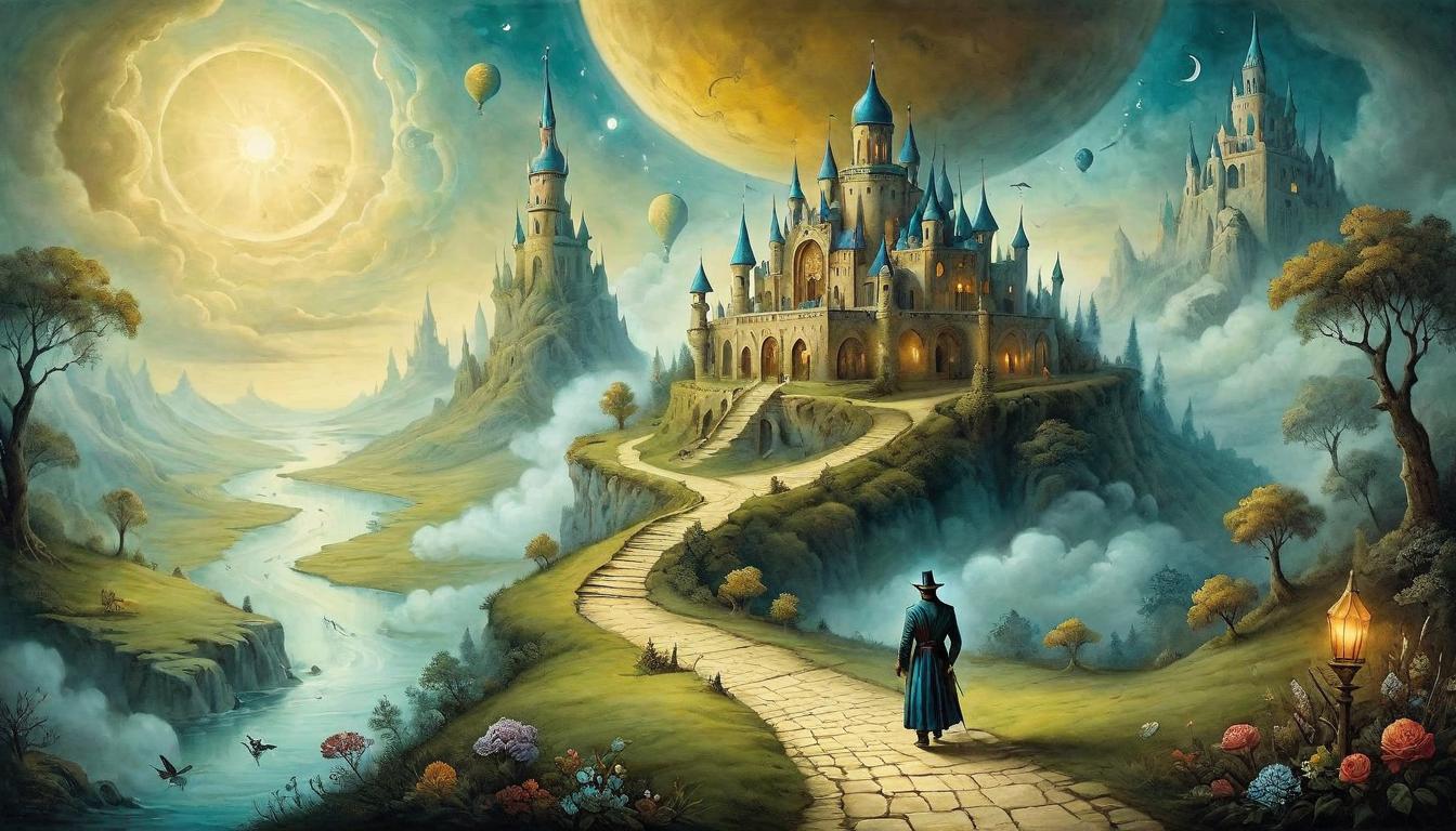  on parchment, surrealism+++, A radiant path, each step glowing, journey filled with victorious milestones(mysterious, provocative, symbolic,muted color)+++