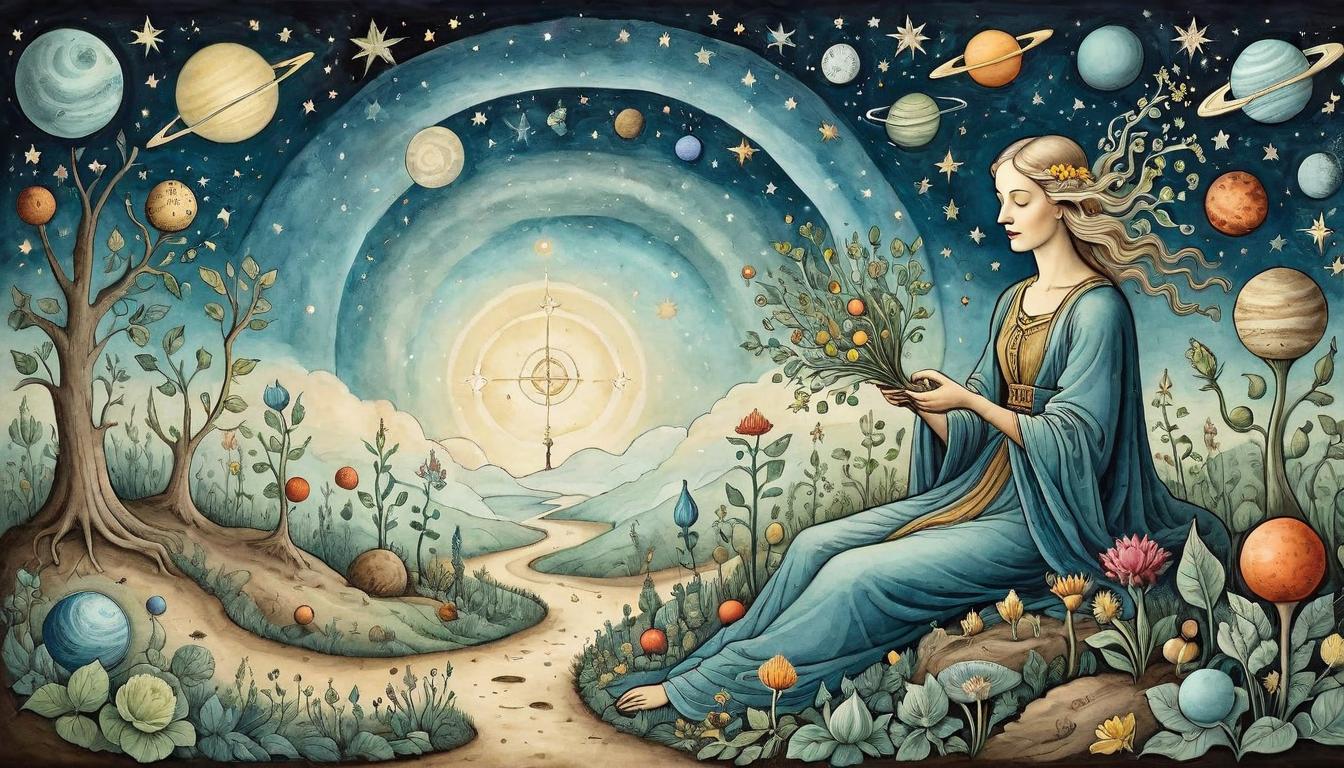  on parchment, surrealism+++, A celestial gardener figure, planting seeds in a cosmic garden, stars and planets sprouting, serene, divine, nurturing(mysterious, provocative, symbolic,muted color)+++