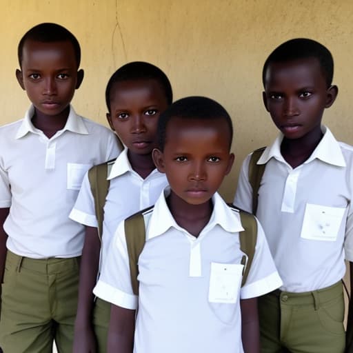  5 standard one pupils in subtropucal Tanzania, all wearing white shirts and khaki shorts. one is sadly and lonely, others are chatting happily