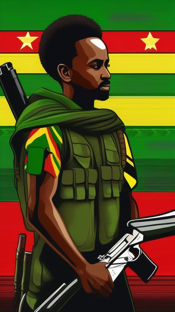  Ethiopian young man holding Ak 47 on back and ready to fight aggrasively infront his cloth coler is green, yelow, red ethiopian flag with out star and place is ethiopian topography., ((masterpiece)), best quality, very detailed, high resolution, sharp, sharp image, extremely detailed, 4k, 8k