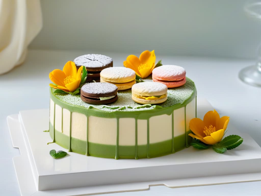  An image of a serene, minimalist kitchen with sleek white countertops, stainless steel appliances, and a large window overlooking a lush green garden. The sunlight streams in, casting a warm glow on a beautifully plated dessert masterpiece, showcasing intricate layers of pastelhued macarons, delicate chocolate curls, and vibrant edible flowers. The scene exudes elegance and precision, inviting viewers to immerse themselves in the artistry of gourmet pastry creation. hyperrealistic, full body, detailed clothing, highly detailed, cinematic lighting, stunningly beautiful, intricate, sharp focus, f/1. 8, 85mm, (centered image composition), (professionally color graded), ((bright soft diffused light)), volumetric fog, trending on instagram, trending on tumblr, HDR 4K, 8K