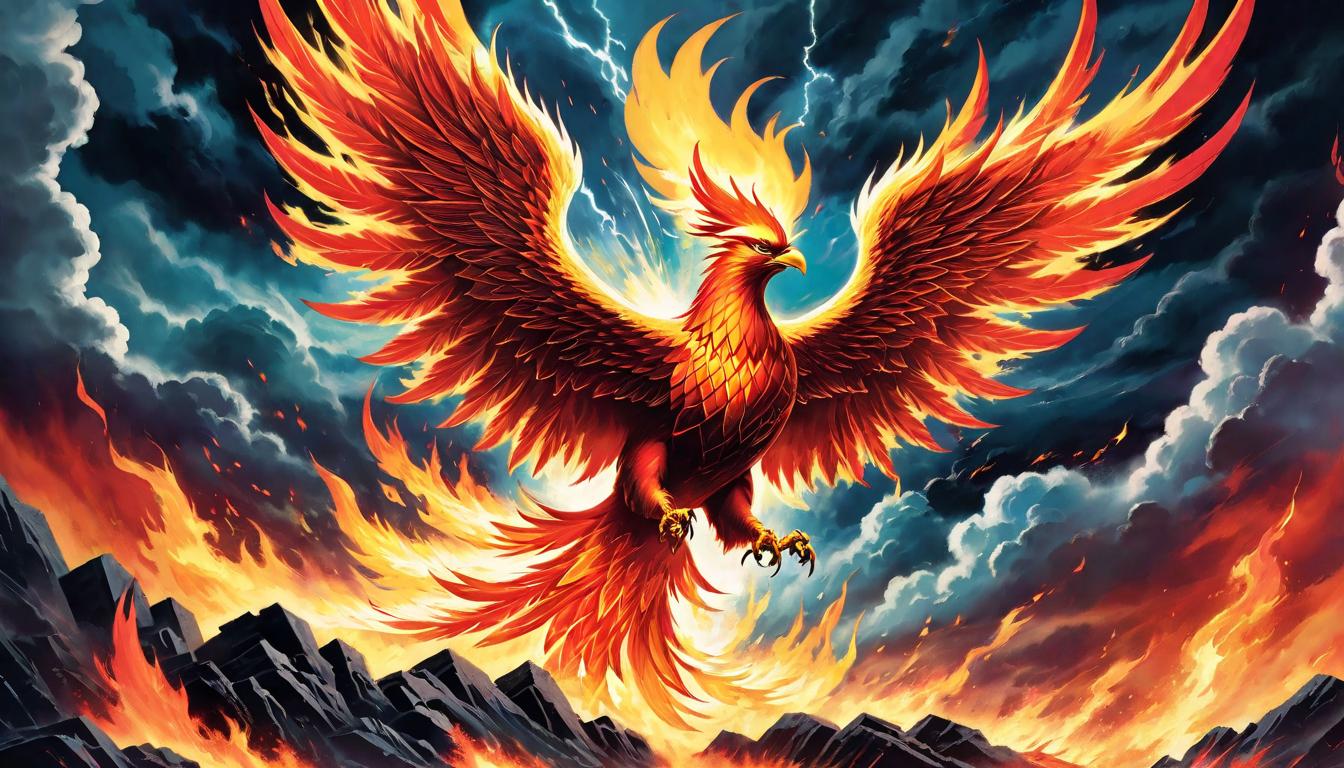  retro futuristic Phoenix rising from ashes against a stormy sky, embodiment of transformation through adversity, flames subtly forming patterns of rebirth, conveying a sense of power and renewal lvintage sci fi, 50s and 60s style, atomic age, vibrant, highly detailed