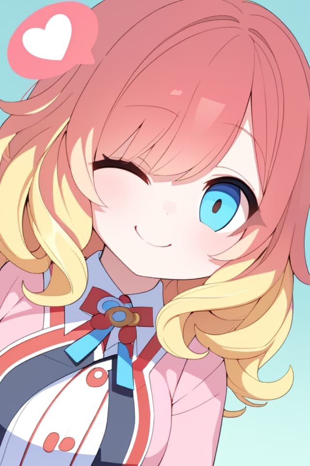  ultra detailed:1.2masterpiece:1.2,best quality,masterpiece,bestquality,hdr:1.1,8k:1.1,very cute :1.3, uniform:1.3,pink cardigan:1.3,yellow hair,blue eyes:1.3,red head ribbons:1.3,large ,upper body:1.3,face focus:1.4, smile:1.3,close mouth,aqua background,spoken heart :1.2,Dutch angle;1.4,puffy eyes:1.3,in curly hair,close one eye ,chibi:1.4