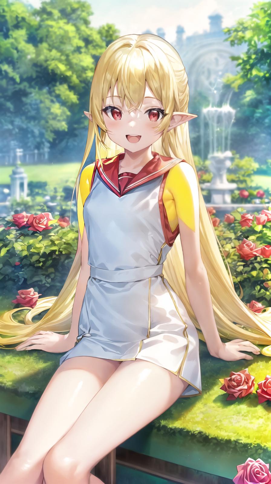  master piece , best quality,Very cute , (), light yellow hair, semi long hair, bangs too close to eyes, shiny red eyes, (normal human ears), thin arms, beautiful body, thin legs, normal s, clear white skin, fun smile, open mouth, (sleeveless sailor dress, super mini ). (rose garden), playing innocently, Ultra HD, DSLR, lots of colorful roses in background, upper body shot, sitting in gym, sitting on , running,