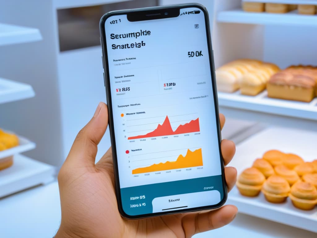  A minimalistic image of a modern smartphone displaying a sleek budget tracking application designed specifically for bakeries and pastry shops. The app interface shows colorful graphs and charts illustrating financial data with a clean and userfriendly layout. The background is a soft pastel color to enhance the professional and inspiring vibe, perfect for the article on cost control in bakeries. hyperrealistic, full body, detailed clothing, highly detailed, cinematic lighting, stunningly beautiful, intricate, sharp focus, f/1. 8, 85mm, (centered image composition), (professionally color graded), ((bright soft diffused light)), volumetric fog, trending on instagram, trending on tumblr, HDR 4K, 8K