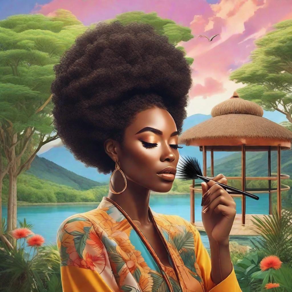  afro woman applying eyelashes, Studio Ghibli style, beautiful landscapes, in aesthetic salon