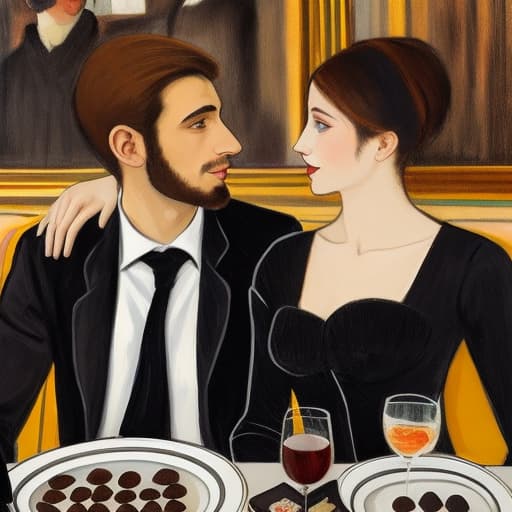  Attractive Beautiful young modern Parisian couple dressed in modern designer attire looking at each other. Foreground is plates of fine dark chocolates. Background is an exclusive Parisian restaurant . Painting style of Edgar Degas