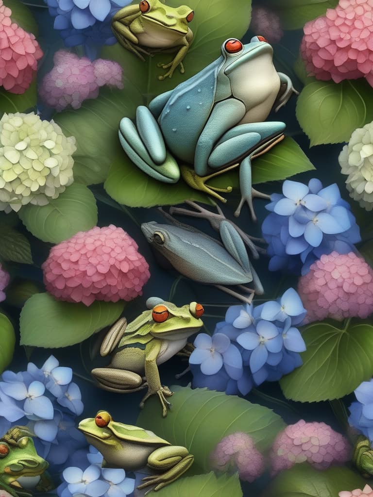  Hydrangea, frog, 🐸, masterpiece, best quality,8k,ultra detailed,high resolution,an extremely delicate and beautiful,hyper detail