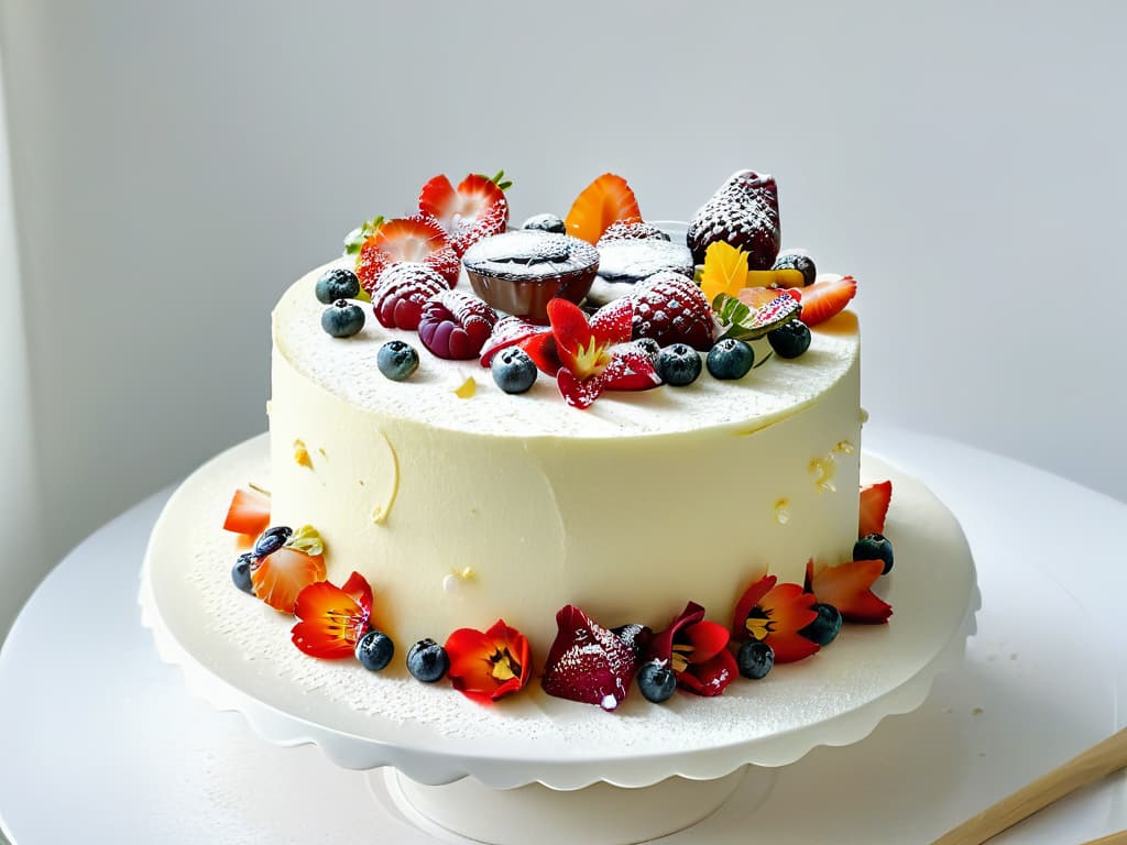  A minimalistic image of a beautifully decorated vegan and healthy cake, featuring intricate details such as delicate edible flowers, vibrant fresh fruit toppings, and a dusting of powdered sugar on a sleek white cake stand. The cake is set against a clean, modern backdrop with soft, natural lighting that highlights the textures and colors of the dessert, inviting viewers to appreciate the artistry and craftsmanship of plantbased baking. hyperrealistic, full body, detailed clothing, highly detailed, cinematic lighting, stunningly beautiful, intricate, sharp focus, f/1. 8, 85mm, (centered image composition), (professionally color graded), ((bright soft diffused light)), volumetric fog, trending on instagram, trending on tumblr, HDR 4K, 8K