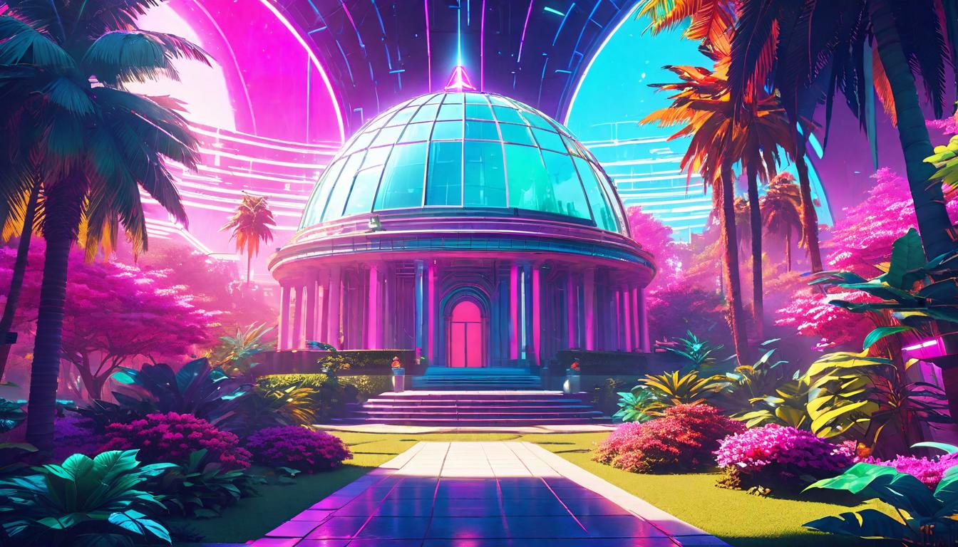  vaporwave,cyberpunk game style A dome of light shielding a tranquil garden, sanctuary of peace, selective engagement, personal energy conservation, oasis of serenityeon, dystopian, futuristic, digital, vibrant, detailed, high contrast, reminiscent of cyberpunk genre video games,retro aesthetic, cyberpunk, vibrant, neon colors, vintage 80s and 90s style, highly detailed