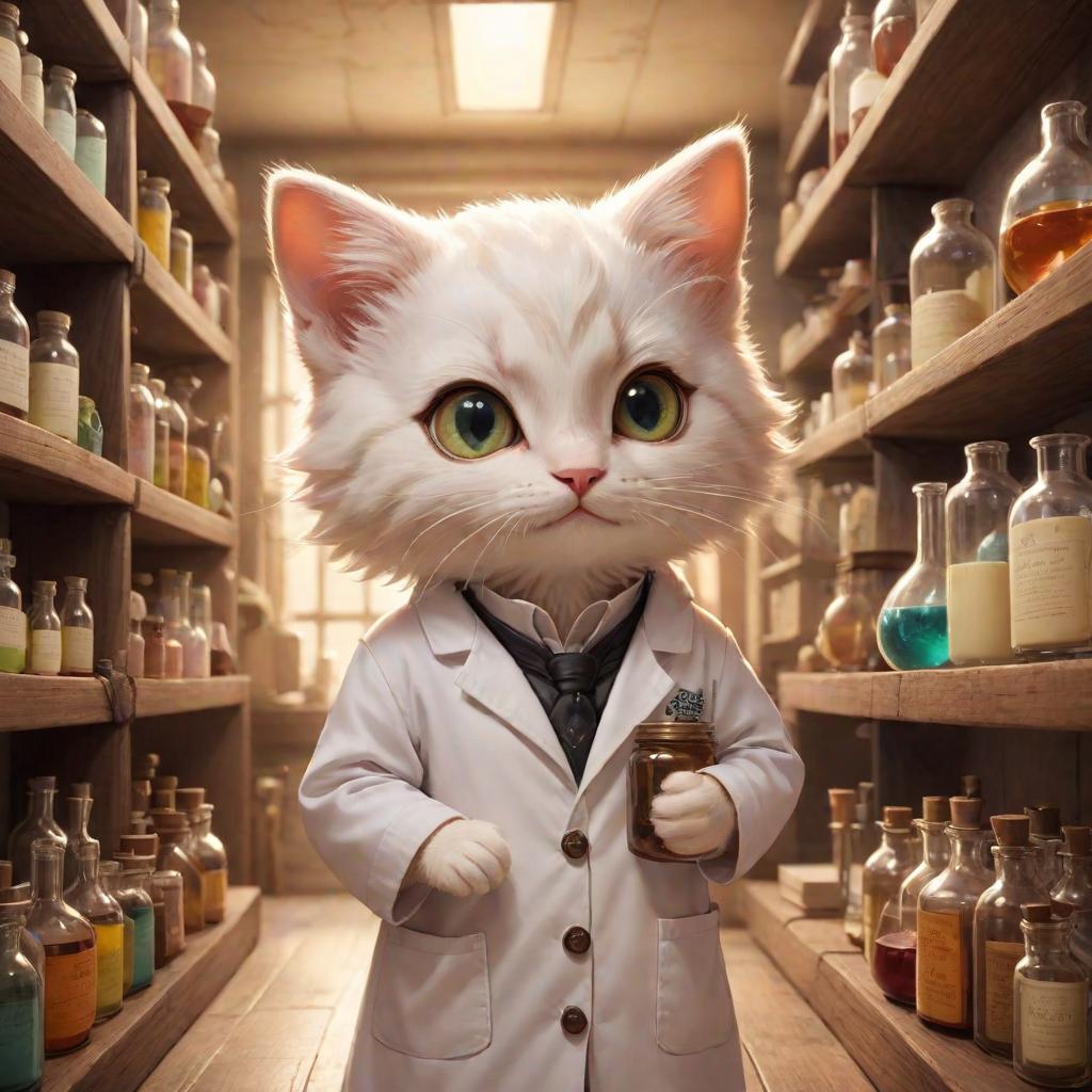  upper body, Kitten Cheeseville, Soft Alchemical Glow, Curious and Inquisitive, Tiny and Nimble, Whiskers and Bright Eyes, Scientific Lab Coat with a Pocket Protector, Alchemical Laboratory with Potion filled Shelves, Chemist and Alchemist in the Mouse Lab