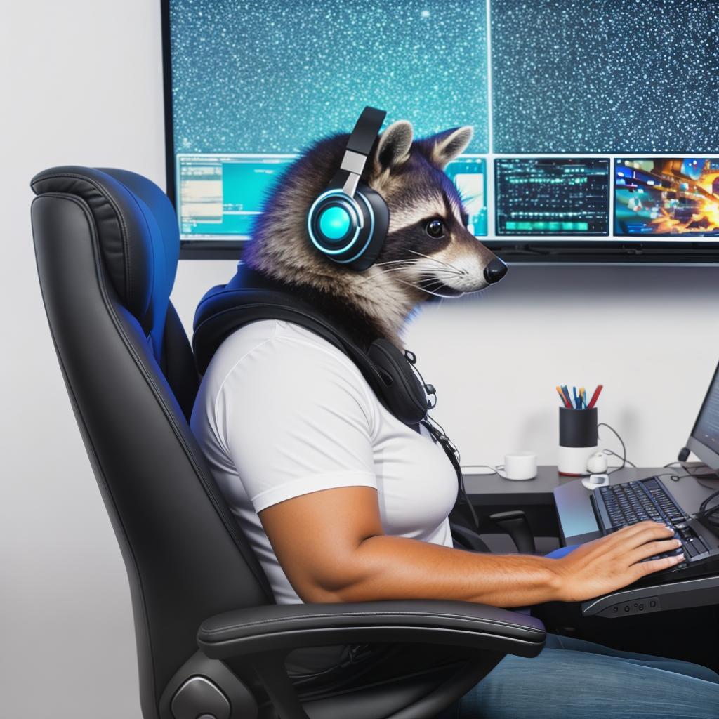  raccoon sitting in gaming chair front a computer on desktop, ((semi anthropomorphic)),(full body), tail, belly, sitting, fat, (chubby), (((white background))), solo, desktop, gaming chair, side view,  [[[clothes]]] hyperrealistic, full body, detailed clothing, highly detailed, cinematic lighting, stunningly beautiful, intricate, sharp focus, f/1. 8, 85mm, (centered image composition), (professionally color graded), ((bright soft diffused light)), volumetric fog, trending on instagram, trending on tumblr, HDR 4K, 8K