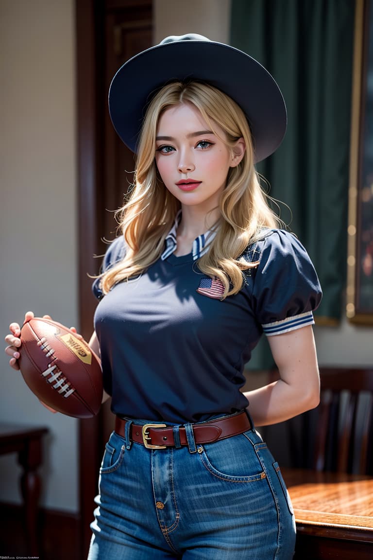  Best quality, masterpiece, ultra high res, (photorealistic:1.4), raw photo, (realistic skin), ((((masterpiece)))), best quality, very high resolution, ultra detailed, in frame, American, cowboy hat, blonde hair, blue eyes, patriotic, athletic build, diverse, friendly smile, confident stance, football player, Hollywood star, president, fast food, Statue of Liberty, rugged, freedom, melting pot, influential, ambitious, independent, deep shadow, dramatic lighting