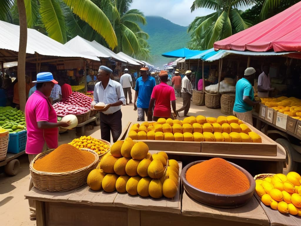  A vibrant and detailed image of a bustling local market in a tropical setting, showcasing farmers and vendors exchanging goods, with a focus on a display of organic coconut sugar products. The scene captures the essence of fair trade and sustainable practices, with vibrant colors and intricate details highlighting the economic impact of coconut sugar on local communities. hyperrealistic, full body, detailed clothing, highly detailed, cinematic lighting, stunningly beautiful, intricate, sharp focus, f/1. 8, 85mm, (centered image composition), (professionally color graded), ((bright soft diffused light)), volumetric fog, trending on instagram, trending on tumblr, HDR 4K, 8K