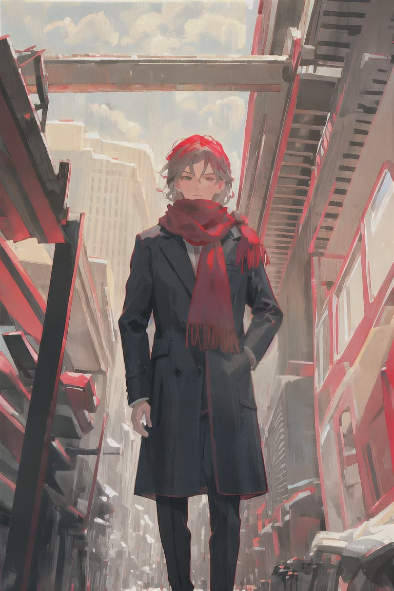  master piece , best quality,Gray hair, male, red scarf, long black coat, adventurer