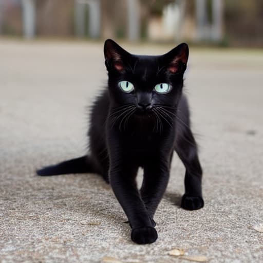  a small, frail and skinny cat. Completely black, only one of his front paws is painted white, wearing a collar with dog fangs, his eyes are a piercing blue color