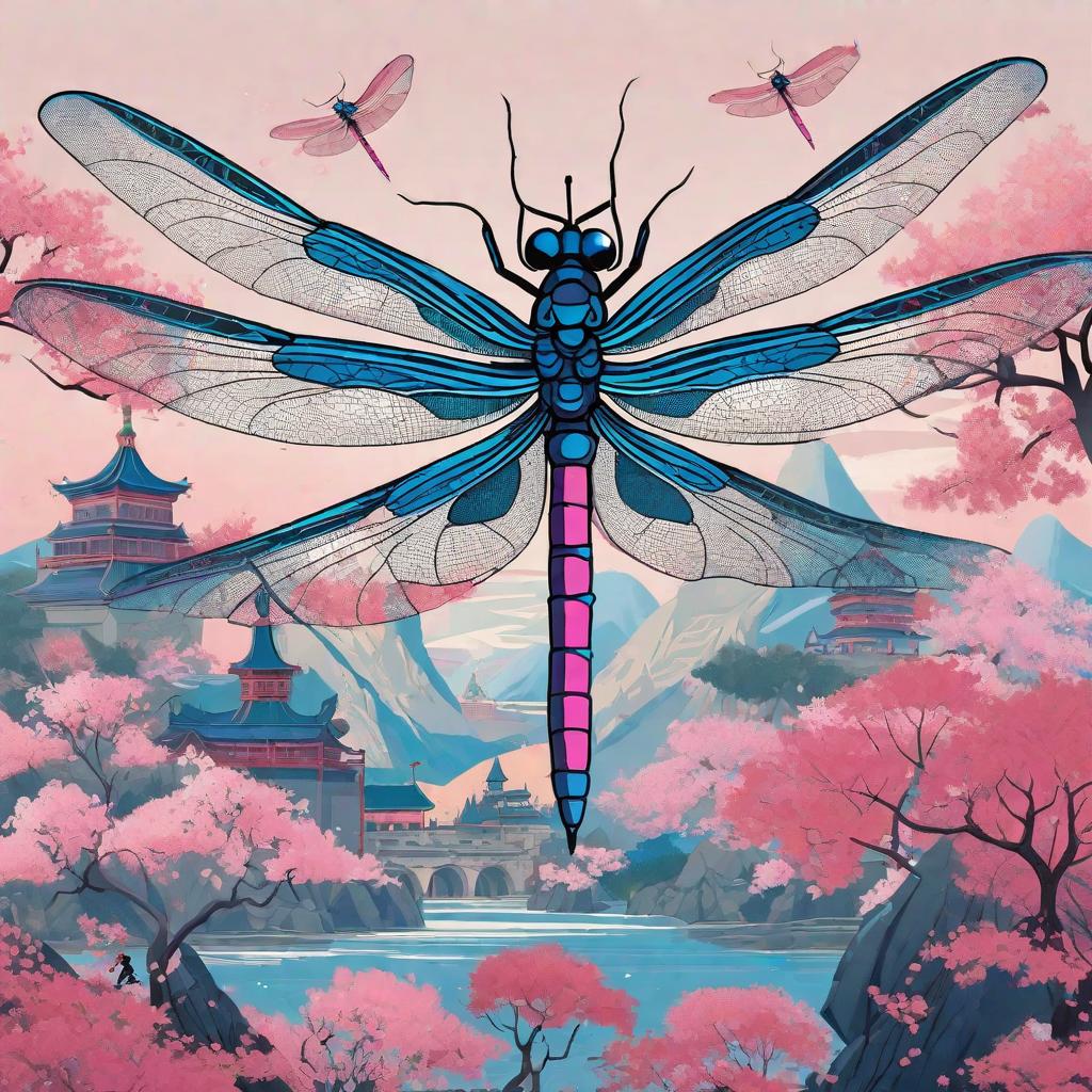  masterpiece, best quality, (Fidelity: 1.4), Best Quality, Masterpiece, Ultra High Resolution, Poster, Fantasy Art, Very Detailed, 8k resolution, disney Style, three dragonflies, pink, blue, disney castle, sketched, mulan, loyal, brave, true, mushu dragon