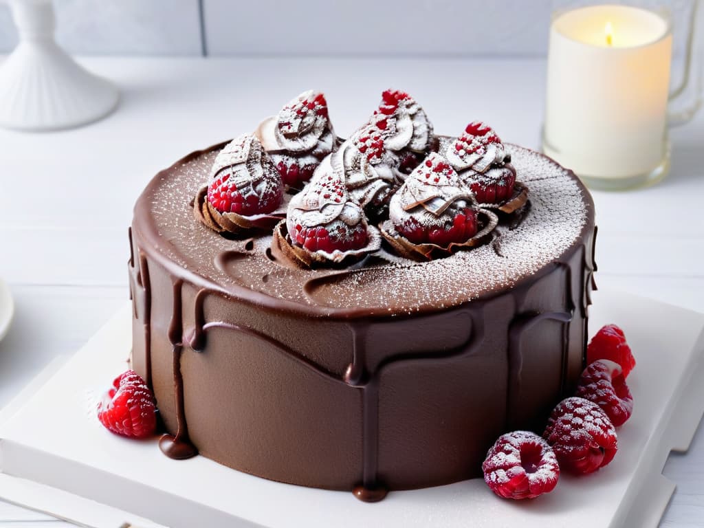  A minimalist, highresolution image of a beautifully decorated vegan chocolate cake, topped with fresh raspberries and a dusting of powdered sugar, set against a clean white backdrop. The cake showcases intricate swirls of dairyfree chocolate frosting, creating an elegant and inviting centerpiece that embodies the essence of vegan pastry artistry. hyperrealistic, full body, detailed clothing, highly detailed, cinematic lighting, stunningly beautiful, intricate, sharp focus, f/1. 8, 85mm, (centered image composition), (professionally color graded), ((bright soft diffused light)), volumetric fog, trending on instagram, trending on tumblr, HDR 4K, 8K