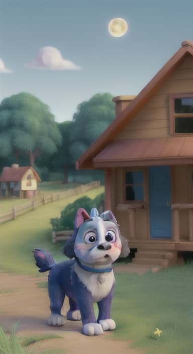  {Max walking back towards the cozy little house with droopy eyes, as twilight falls, The big blue dog is large with sky blue fur, big round eyes, a black nose, and floppy ears.