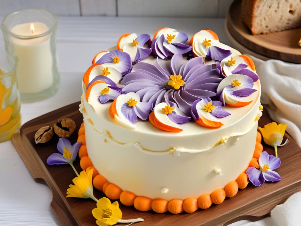  An intricately decorated carrot and walnut cake, topped with swirls of cream cheese frosting, chopped nuts, and delicate edible flowers. The cake sits on a rustic wooden table, surrounded by fresh carrots, scattered walnuts, and a vintage cake server. The soft pastel hues of the frosting contrast beautifully with the vibrant orange of the carrots, creating a visually stunning and appetizing image that embodies the essence of spring. hyperrealistic, full body, detailed clothing, highly detailed, cinematic lighting, stunningly beautiful, intricate, sharp focus, f/1. 8, 85mm, (centered image composition), (professionally color graded), ((bright soft diffused light)), volumetric fog, trending on instagram, trending on tumblr, HDR 4K, 8K