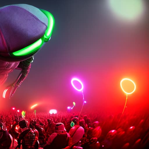 redshift style (((alien))) djing a rave with vinyl records and turntables for (((crowd of dancing monsters with glow sticks))) in a futuristic landscape with a giant moons and nebula in the night sky, ((wide angle, whole scene)) ultra HD, 4K, high details