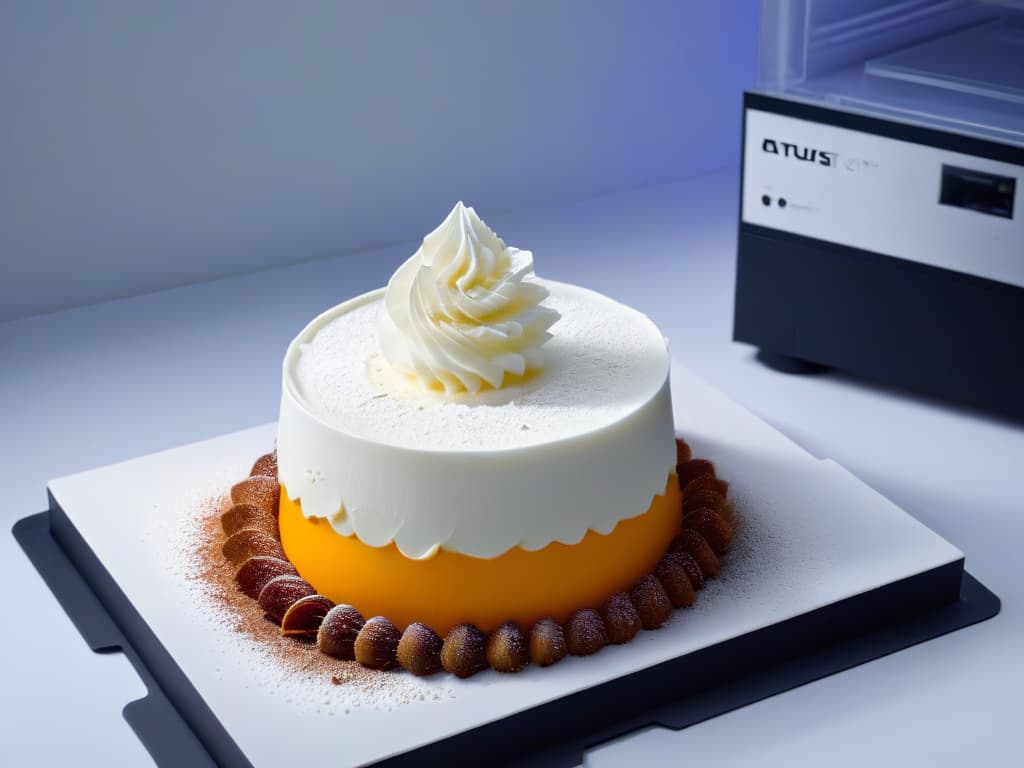  An ultradetailed, 8k resolution image of a sleek, modern 3D printer meticulously crafting a delicate and intricate dessert masterpiece. The printer is intricately layering vibrant layers of edible materials to form a stunning, futuristic dessert sculpture. The background is a clean, white surface, enhancing the hightech and professional feel of the image. The precision and artistry of the 3D printing process are beautifully captured in this minimalist yet captivating visual. hyperrealistic, full body, detailed clothing, highly detailed, cinematic lighting, stunningly beautiful, intricate, sharp focus, f/1. 8, 85mm, (centered image composition), (professionally color graded), ((bright soft diffused light)), volumetric fog, trending on instagram, trending on tumblr, HDR 4K, 8K